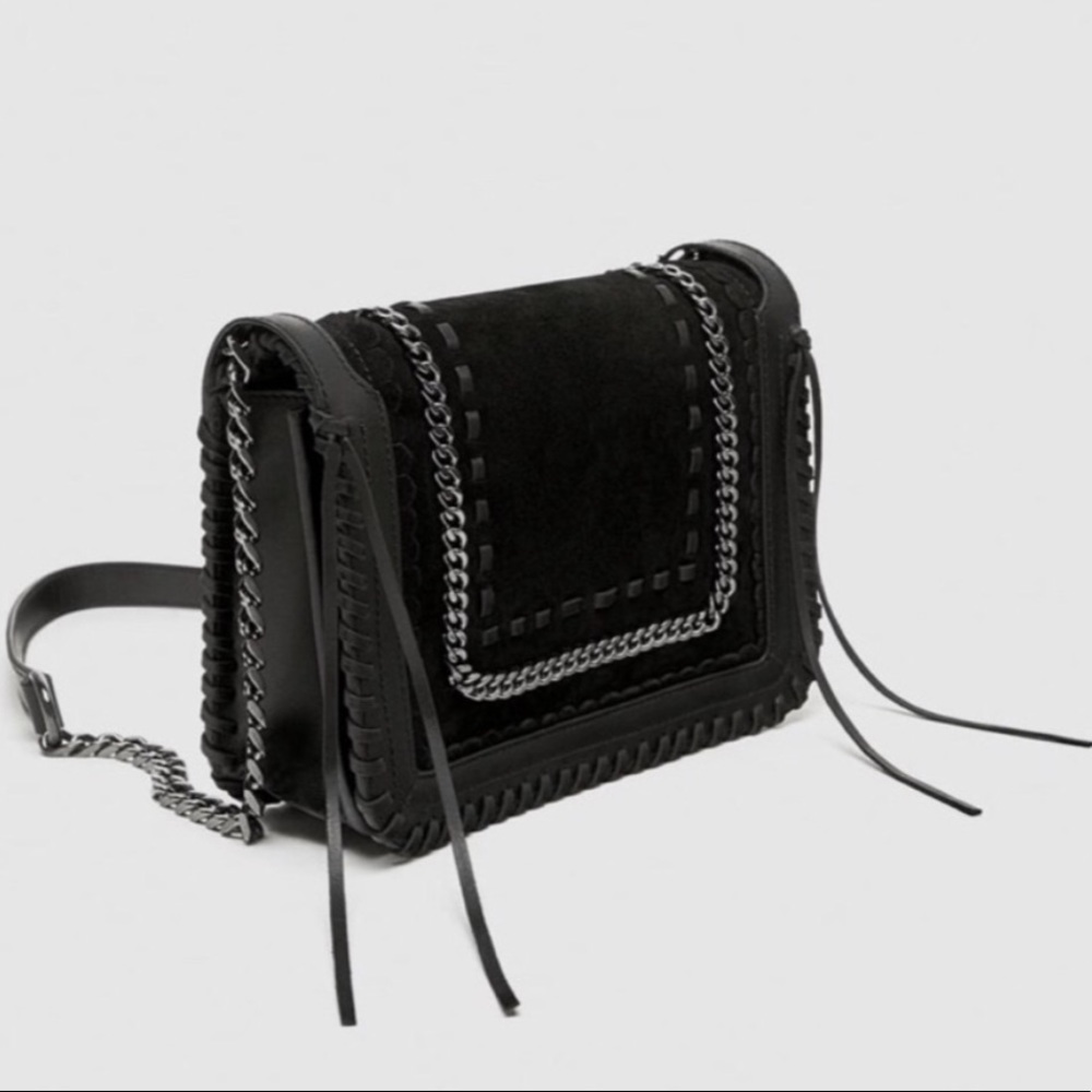 EUC Zara   Genuine Leather and Suede Whipstitch Boho Crossbody Bag